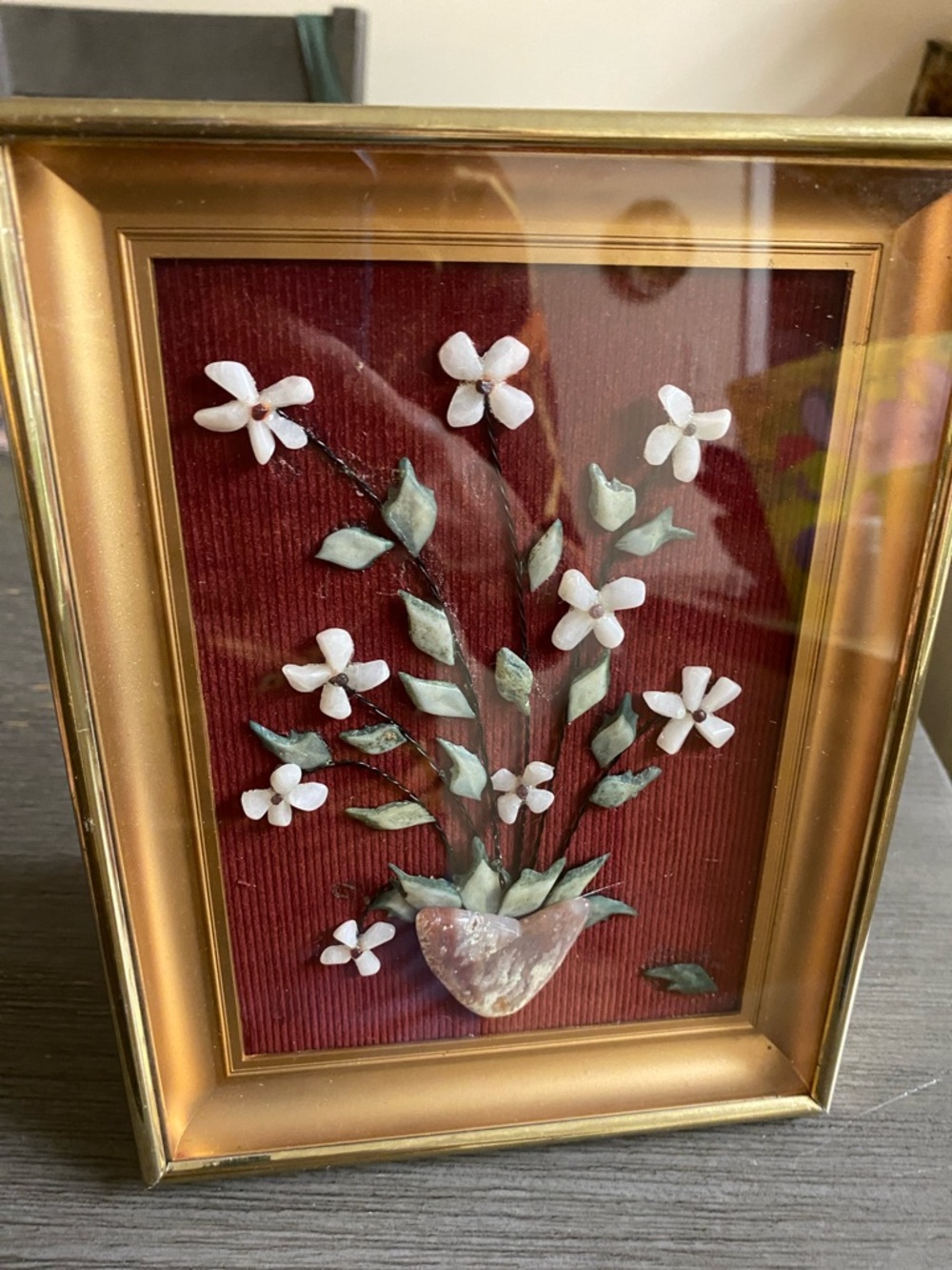 Gold Framed Shell Flower Art in White and Green